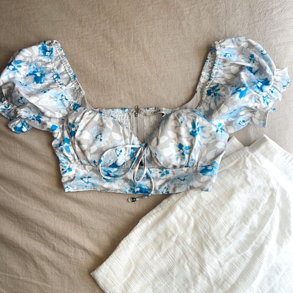 Cropped white and blue floral top